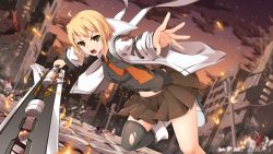 Rule 34 | 1girl, angry, black shirt, black thighhighs, blonde hair, boots, brown eyes, brown skirt, building, embers, extra, furrowed brow, haru estia, highres, holding, holding sword, holding weapon, jacket, knee boots, leg lift, looking at viewer, necktie, open mouth, orange neckwear, outdoors, outstretched hand, pleated skirt, queasy s, road, running, shirt, short hair, single thighhigh, skirt, smoke, solo focus, soulworker, street, sword, thighhighs, torn clothes, torn legwear, traffic cone, twitter username, weapon, white footwear, white jacket