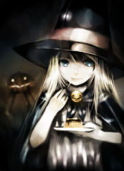 Rule 34 | blonde hair, blue eyes, cape, eating, food, hat, kei (keigarou), long hair, lowres, original, pudding, solo, witch hat