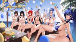 &gt;_&lt; 6+girls absurdres aegir_(azur_lane) alsace_(azur_lane) alsace_(heat_beating_summer_sacrament)_(azur_lane) alternate_costume alternate_hairstyle animal_ears arm_under_breasts arms_behind_head ass azur_lane balloon between_breasts bikini black_choker black_hair black_horns blue_bikini blue_eyes blue_hair blue_necktie breasts brown_hair cake center_opening choker cleavage cocktail_glass commentary cow_ears cow_girl cow_horns criss-cross_halter cup day demon_horns detached_collar drinking_glass english_commentary english_text eyewear_on_head flower food from_side hair_flower hair_ornament halterneck highres holding holding_cup holding_food holding_popsicle horns huge_breasts indomitable_(azur_lane) kanon_desuga kashino_(azur_lane) kashino_(hot_springs_relaxation)_(azur_lane) large_breasts long_hair looking_at_viewer manjuu_(azur_lane) multi-strapped_bikini_bottom multicolored_hair multiple_girls necktie necktie_between_breasts new_jersey_(azur_lane) new_jersey_(midsummer_leisure)_(azur_lane) o-ring o-ring_bikini ocean official_alternate_costume outdoors palm_leaf ponytail popsicle purple_eyes purple_flower red_hair sitting streaked_hair summer sunglasses swimsuit two-tone_hair very_long_hair water white_bikini white_hair yellow_eyes zara_(azur_lane) zara_(poolside_coincidence)_(azur_lane)