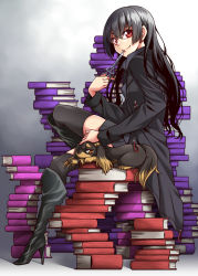 Rule 34 | 10s, 1girl, black hair, black thighhighs, book, boots, coat, dog, earrings, from side, harumi kazuhito, headpat, high heel boots, high heels, highres, hime cut, inu to hasami wa tsukaiyou, jewelry, long hair, looking at viewer, natsuno kirihime, red eyes, scissors, sitting, smile, stud earrings, thighhighs, uousa-ou