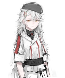 Rule 34 | 1girl, beret, black hat, black shirt, brooch, collared shirt, cowboy shot, gepard m1 (girls&#039; frontline), girls&#039; frontline, hair ornament, hairclip, hat, highres, jacket, jewelry, long hair, looking at viewer, parted lips, rampart1028, shirt, simple background, solo, white background, white hair, white jacket, yellow eyes