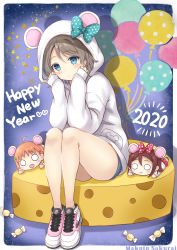 Rule 34 | 1girl, 2020, :d, ahoge, animal ears, animal hood, aqua bow, artist name, balloon, bare legs, blue bow, blue eyes, blue hair, blush, blush stickers, bow, braid, brown hair, candy, character doll, cheese, chinese zodiac, clenched hands, commentary request, elbows on knees, english text, fake animal ears, food, full body, grey hair, hair bow, hands on own cheeks, hands on own face, happy new year, head rest, head tilt, highres, hood, hood up, hoodie, knees up, legs together, long sleeves, looking at viewer, love live!, love live! sunshine!!, mouse ears, mouse hood, multicolored hair, nesoberi, new year, nike (company), no socks, o o, open mouth, orange hair, pink footwear, polka dot, polka dot bow, red bow, sakurai makoto (custom size), sakurauchi riko, shoes, short hair, short shorts, shorts, side braid, sitting, sitting on object, sleeves past wrists, smile, sneakers, solo, star (symbol), streaked hair, takami chika, watanabe you, white hoodie, wrapped candy, year of the rat