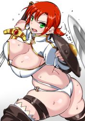 Rule 34 | 1girl, ass, belt, blocking, boudica (fate), bouncing breasts, breasts, buckler, cleavage, fate/grand order, fate (series), green eyes, komusou (jinrikisha), large breasts, looking back, open mouth, ponytail, red hair, shield, shrug (clothing), skindentation, solo, sweat, sword, thong, weapon