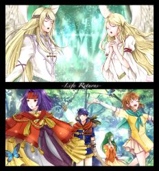Rule 34 | 2boys, 4girls, aplche, armor, bare shoulders, blonde hair, blue eyes, blue hair, blush, brown eyes, brown hair, cape, closed mouth, dress, elincia ridell crimea, fingerless gloves, fire emblem, fire emblem: path of radiance, forest, gloves, green eyes, green hair, hair between eyes, hair ornament, hair tubes, headband, highres, ike (fire emblem), jewelry, leanne (fire emblem), long hair, mist (fire emblem), multiple boys, multiple girls, nature, nintendo, open mouth, purple hair, reyson, robe, sanaki kirsch altina, scarf, short hair, simple background, skirt, smile, staff, wings, yellow eyes
