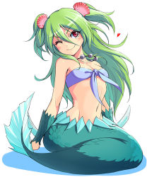 Rule 34 | 1girl, ;), arm support, bandeau, blush, front-tie top, full body, green hair, hair between eyes, hair ornament, heart, jewelry, long hair, mermaid, michairu, midriff, monster girl, muromi-san, namiuchigiwa no muromi-san, navel, necklace, one eye closed, red eyes, scales, seashell, shell, simple background, sitting, smile, solo, twintails, two side up, white background, wink