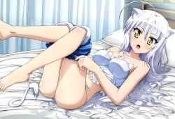 Rule 34 | 10s, 1girl, absurdres, ahoge, animal ears, ass, bare shoulders, barefoot, bed, blush, breasts, bustier, cat ears, cat girl, cat tail, cleavage, collarbone, corset, dog days, fang, feet, female focus, highres, legs up, leonmitchelli galette des rois, lingerie, lion tail, liongirl, long hair, looking at viewer, lying, nyantype, official art, on back, panties, scan, shorts, silver hair, solo, tail, tamaki shingo, thong, underwear, undressing, yellow eyes