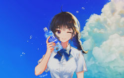 Rule 34 | 1girl, ahoge, arm at side, artist name, black hair, blue bow, blue bowtie, blue eyes, bottle, bow, bowtie, braid, breasts, closed mouth, cloud, collared shirt, highres, holding, holding bottle, large breasts, looking at viewer, medium breasts, original, pocari sweat, product placement, shidare (youh4016), shirt, short sleeves, sidelighting, smile, solo, twin braids, upper body, water bottle, water drop, white shirt