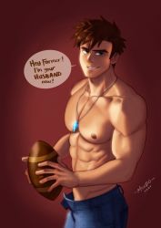 Rule 34 | 1boy, abs, alex (stardew valley), american football (object), artist name, ball, blue pants, brown hair, cleft chin, commentary, english commentary, english text, fingernails, green eyes, highres, holding, holding ball, jewelry, looking at viewer, male focus, mondoart, muscular, muscular male, necklace, nipples, open fly, pants, pectorals, pendant, red background, short hair, smile, solo, speech bubble, stardew valley, symbol-only commentary, talking, topless male, upper body