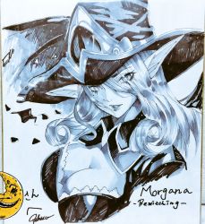Rule 34 | 1girl, bad id, bad pixiv id, bewitching morgana, bibico, blue theme, breasts, cleavage, detached collar, from above, hat, highres, league of legends, lips, long hair, monochrome, moon, morgana (league of legends), parted lips, pointy ears, shikishi, slit pupils, solo, traditional media, witch hat