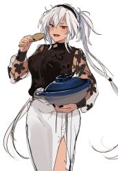 Rule 34 | 1girl, absurdres, alternate costume, black shirt, black hairband, black nails, blouse, commentary request, cowboy shot, dark-skinned female, dark skin, hairband, highres, kantai collection, musashi (kancolle), musashi kai ni (kancolle), nail polish, no eyewear, pot, red eyes, shamoji, shirt, silver hair, simple background, solo, spatula, standing, twintails, unfinished, white background, white shirt, yunamaro