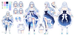Rule 34 | 1girl, absurdres, aitsuki nakuru, blue eyes, blue hair, breasts, character sheet, cleavage, concept art, detached sleeves, dress, frilled dress, frills, hair ornament, highres, la priere, medium breasts, nardack, official art, shoes, single thighhigh, solo, thighhighs, virtual youtuber, white background