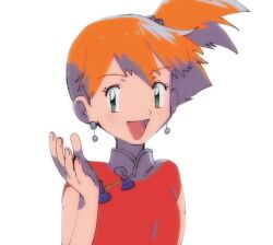 Rule 34 | 1girl, asymmetrical hair, breasts, china dress, chinese clothes, creatures (company), dress, earrings, eyelashes, game freak, green eyes, hair between eyes, hair tie, jewelry, misty (pokemon), nintendo, orange hair, pokemon, pokemon (anime), pokemon (classic anime), ponytail, side ponytail, small breasts, smile