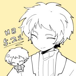 Rule 34 | 1boy, atou haruki, chibi, closed eyes, closed mouth, dated, greyscale with colored background, jacket, lemon04, male focus, multiple views, no nose, open clothes, open jacket, open mouth, saibou shinkyoku, short hair, simple background, smile, sweater, turtleneck, turtleneck sweater, yellow background