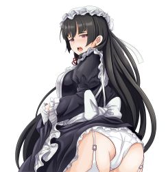 Rule 34 | 1girl, absurdres, alternate costume, apron, black dress, black hair, blush, cowboy shot, dress, enmaided, frilled dress, frilled sleeves, frills, hat, highres, isokaze (kancolle), juliet sleeves, kantai collection, long hair, long sleeves, maid, maid apron, mob cap, open mouth, panties, puffy sleeves, red eyes, solo, tk8d32, transparent background, underwear, white apron, white hat, white panties