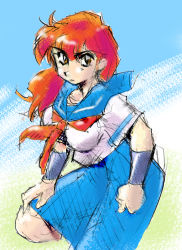 Rule 34 | 1girl, artist request, breasts, female focus, magami eiko, project a-ko, red hair, school uniform, solo, uniform, vambraces