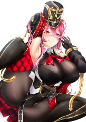 Rule 34 | 1girl, :d, absurdres, armpits, ass, bare shoulders, black gloves, black leotard, black pantyhose, blush, breasts, cleavage, closed mouth, detached sleeves, gloves, hetero, highres, hololive, hololive fantasy, houshou marine, large breasts, leotard, long hair, looking at viewer, mee don, multicolored hair, open mouth, pantyhose, pink hair, red eyes, red hair, simple background, sitting, smile, solo, spread legs, thighhighs, tongue, tongue out, two-tone hair, virtual youtuber, white background, yellow eyes