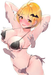 Rule 34 | 1girl, absurdres, ahoge, armpits, arms up, bat hair ornament, bikini, black bikini, black choker, blonde hair, blush, breasts, choker, dermar, disembodied hand, embarrassed, fang, grabbing, grabbing another&#039;s breast, groping, hair ornament, hairclip, highres, hololive, large breasts, looking at viewer, lotion, navel, open mouth, short hair, simple background, smile, solo, swimsuit, virtual youtuber, white background, yellow eyes, yozora mel