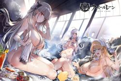 Rule 34 | 3girls, ;d, ass, azur lane, bathing, blonde hair, blue eyes, blush, breasts, completely nude, cup, formidable (azur lane), game cg, grey hair, groin, hair ornament, hair over breasts, hair ribbon, hand up, holding, illustrious (azur lane), kakao (chocolate land), large breasts, long hair, looking at viewer, mole, mole under eye, multiple girls, navel, nude, official art, one eye closed, open mouth, red eyes, ribbon, saucer, smile, stomach, teacup, towel, twintails, two-tone ribbon, very long hair, victorious (azur lane), wet, white hair