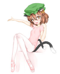 Rule 34 | 1girl, :d, alternate costume, animal ears, ballet slippers, blush, breasts, brown eyes, brown hair, cat ears, cat tail, chen, clothing cutout, cross-laced footwear, earrings, fang, from side, full body, hair between eyes, hashimoto w.s., hat, hoop earrings, jewelry, knees together feet apart, leotard, looking at viewer, mob cap, multiple tails, open mouth, outstretched arm, pantyhose, plantar flexion, shadow, short hair, single earring, sitting, small breasts, smile, solo, tail, tail through clothes, touhou, white pantyhose, yellow eyes