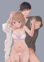 1boy 1girl black_hair blue_eyes blush bra breasts commentary_request earrings grey_background hetero jewelry light_brown_hair medium_breasts navel open_mouth original panties panty_pull sekiya_asami sex sex_from_behind shirt short_hair simple_background smile underwear white_panties