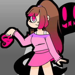 Rule 34 | akumu (glitchtale), bad tag, bete noire, brown hair, glitchtale, grey background, long hair, pink eyes, pink hair, pink shirt, pink skirt, ponytail, purple shirt, shirt, skirt, wearing clothes