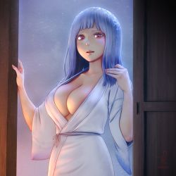 Rule 34 | 1girl, :d, blue hair, breasts, cleavage, commentary request, door, eyelashes, highres, horiishi horuto, japanese clothes, japanese mythology, kimono, long hair, looking at viewer, monster girl, open mouth, purple eyes, revision, smile, snowflake print, snowing, solo, teeth, yuki onna