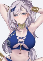 Rule 34 | 1girl, adapted costume, armpits, arms behind head, bikini, blue bikini, blue eyes, bracelet, breasts, closed mouth, commentary, english commentary, hand in own hair, highres, hololive, hololive indonesia, jewelry, large breasts, long hair, looking at viewer, navel, o-ring, o-ring top, pavolia reine, raised eyebrow, si farid, simple background, solo, swimsuit, upper body, virtual youtuber, white background, white hair