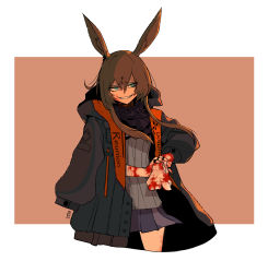 Rule 34 | 1girl, alternate color, alternate universe, amiya (arknights), animal ears, aqua eyes, arknights, blood, blood on face, blood on hands, brown hair, commentary request, evil grin, evil smile, grin, hair between eyes, highres, hood, hooded jacket, jacket, jewelry, long hair, multiple rings, open clothes, rabbit ears, rabbit girl, reunion logo (arknights), ring, skirt, smile, solo