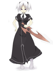 Rule 34 | 1girl, full body, hand on own hip, holding, holding sword, holding weapon, nora higuma, original, simple background, solo, standing, sword, weapon, white background, white hair