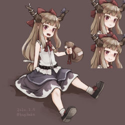 Rule 34 | 1girl, blue bow, blue dress, blush, bow, brown hair, chain, cuffs, dress, gourd, horns, ibuki suika, kagikake, oni, oni horns, open mouth, red bow, red eyes, shackles, shoes, simple background, sitting, smile, socks, touhou