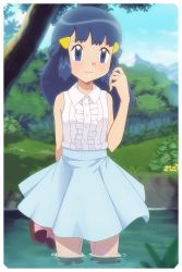 Rule 34 | 1girl, absurdres, arm up, blue eyes, blue hair, blue skirt, blush, buttons, cloud, collared shirt, creatures (company), dawn (pokemon), day, eyebrows, feet out of frame, flower, forest, game freak, gazing eye, grass, group sex, hair ornament, hairclip, highres, holding, holding shoes, long hair, looking to the side, mountain, mountainous horizon, nature, nintendo, pleated skirt, pokemon, pokemon (anime), sandals, shirt, shoes, sidelocks, skirt, sky, sleeveless, smile, solo, standing, suggestive fluid, tree, wading, white shirt