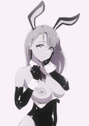Rule 34 | 1girl, animal ears, breasts, detached collar, elbow gloves, eyelashes, flou (flou art), gloves, hand on own cheek, hand on own face, hands up, highres, large areolae, large breasts, leotard, long hair, looking at viewer, monochrome, nipples, original, playboy bunny, rabbit ears, rabbit girl, solo, strapless, strapless leotard, wrist cuffs