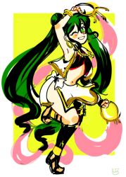 Rule 34 | 1girl, ;d, arm up, armpits, bare shoulders, black choker, blush stickers, catskid100, choker, cowboy shot, dancing, double bun, earrings, fire emblem, fire emblem: genealogy of the holy war, green eyes, green hair, hair between eyes, hair bun, jewelry, looking at viewer, midriff, navel, nintendo, one eye closed, open mouth, paintbrush, ribbon, silvia (fire emblem), smile, solo, twintails, white background, wink