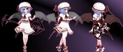Rule 34 | 1girl, 3d, adapted costume, anklet, ascot, bat wings, black background, blender (medium), bow, bracelet, brooch, child, commentary, dress, embellished costume, footwear ribbon, frilled sleeves, frills, gradient background, gs-mantis, hat, hat ribbon, high heels, highres, holding, holding weapon, jewelry, leaf print, light purple hair, mob cap, multiple views, nail polish, pantyhose, pink dress, pink pantyhose, polearm, puffy short sleeves, puffy sleeves, purple background, red eyes, red nails, red ribbon, remilia scarlet, ribbon, short hair, short sleeves, simple background, skirt, skirt set, spear, spear the gungnir, touhou, turnaround, weapon, wings