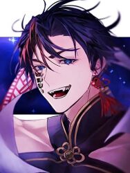Rule 34 | 1boy, black hair, blindfold, blue eyes, blue hair, chinese clothes, covered eyes, earrings, ikoka no.2, jewelry, male focus, multicolored hair, parted lips, qin shi huang, short hair, shuumatsu no valkyrie, solo, two-tone hair