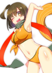 Rule 34 | 10s, 1girl, absurdres, bad id, bad pixiv id, breasts, brown eyes, brown hair, highres, hiryuu (kancolle), innertube, kantai collection, large breasts, midriff, nonomaro, one eye closed, one side up, scarf, short hair, side ponytail, smile, solo, swim ring, swimsuit