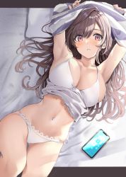 Rule 34 | 1girl, armpits, arms up, asymmetrical bangs, blush, breasts, brown eyes, brown hair, cellphone, collarbone, commentary request, gluteal fold, hamu (plot sy), highres, idolmaster, idolmaster shiny colors, large breasts, long hair, looking at viewer, lying, navel, on bed, panties, parted lips, phone, pillow, skindentation, smartphone, solo, stomach, sweat, tsukioka kogane, underwear, white panties