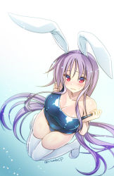Rule 34 | 1girl, alternate costume, animal ears, bad id, bad pixiv id, blush, breasts, cleavage, closed mouth, collarbone, covered erect nipples, full body, knees together feet apart, large breasts, long hair, looking at viewer, nose blush, one-piece swimsuit, purple hair, rabbit ears, red eyes, reisen udongein inaba, shigemiya kyouhei, solo, strap slip, sweat, swimsuit, thighhighs, touhou, twitter username, very long hair, wavy mouth, white thighhighs