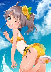 Rule 34 | 1girl, ;d, ahoge, ass, back, bikini, black bow, blue eyes, blue sky, blush, bow, brown hair, child, cloud, day, flower, hair flower, hair ornament, halterneck, highres, hololive, kannazuki genshi, long hair, looking at viewer, looking back, natsuiro matsuri, natsuiro matsuri (hololive summer 2019), one-piece tan, one eye closed, open mouth, outdoors, sandals, side ponytail, sky, smile, solo, sunflower, swimsuit, tan, tanline, teeth, upper teeth only, virtual youtuber, water, yellow bikini