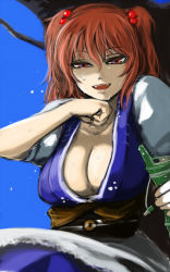 Rule 34 | 1girl, bottle, breasts, cleavage, ginji (sakaki summer), hair bobbles, hair ornament, hot, large breasts, looking at viewer, looking down, onozuka komachi, open mouth, puffy short sleeves, puffy sleeves, red eyes, red hair, short hair, short sleeves, simple background, solo, sweat, touhou, twintails, two side up, water bottle, wiping face