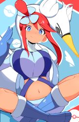 Rule 34 | 1girl, belt, blue background, blue belt, blue eyes, blue footwear, blue gloves, blue jacket, blue shorts, blush, boots, breasts, commentary, creatures (company), crop top, game freak, gen 5 pokemon, gloves, gym leader, hair between eyes, hair ornament, hand up, highres, indian style, jacket, jellcaps, jet badge, knee boots, large breasts, long sleeves, looking at viewer, midriff, multicolored background, navel, nintendo, one side up, pilot suit, poke ball symbol, pokemon, pokemon (creature), pokemon bw, red background, red hair, short shorts, shorts, sidelocks, signature, sitting, skyla (pokemon), smile, solo focus, swanna, swept bangs