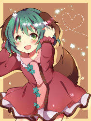 Rule 34 | 1girl, animal ears, bad id, bad pixiv id, blush, border, dress, fang, green eyes, green hair, hands in hair, heart, heart of string, kasodani kyouko, leaning forward, light particles, long sleeves, matching hair/eyes, open mouth, outline, red background, revision, short hair, solo, tail, touhou, uguisu mochi (ykss35)