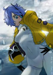 Rule 34 | 1girl, antenna hair, artist request, black gloves, blue eyes, blush, bodysuit, breasts, covered navel, gloves, hair over one eye, hand on own hip, headphones, unworn headwear, helmet, unworn helmet, highres, holding, holding helmet, jacket, large breasts, lips, medium hair, midriff, one piece, shiny clothes, simple background, smile, solo, tight clothes, uniform, vegapunk lilith, white bodysuit, wide hips, wind, yellow jacket