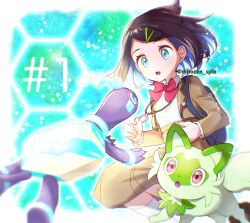 Rule 34 | 1girl, :o, aqua eyes, bow, bowtie, brown jacket, brown skirt, chitozen (pri zen), commentary request, creatures (company), eyelashes, game freak, hair ornament, hairclip, highres, jacket, kneehighs, liko (pokemon), nintendo, open clothes, open jacket, open mouth, pink bow, pink bowtie, pokemon, pokemon (anime), pokemon (creature), pokemon horizons, shirt, skirt, socks, sprigatito, terapagos, terapagos (normal), twitter username, watermark, white shirt, white socks