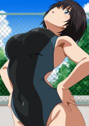 1girl absurdres alternate_breast_size amagami arched_back black_eyes black_hair black_one-piece_swimsuit blue_one-piece_swimsuit breasts chain-link_fence competition_swimsuit covered_navel day fence hands_on_own_hips highleg highleg_one-piece_swimsuit highres large_breasts looking_up nanasaki_ai one-piece_swimsuit open_mouth outdoors racerback short_hair solo stretching swimsuit two-tone_swimsuit yuuyuu_(3jjbn)