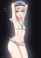 Rule 34 | 1girl, absurdres, armpits, arms behind head, bikini, bikini skirt, black background, blue eyes, clothes writing, commentary request, cowboy shot, dated, flat chest, frilled bikini, frills, gradient background, hat, highres, kantai collection, microskirt, one-hour drawing challenge, onion (kumagaioyr), pleated skirt, sailor bikini, sailor collar, sailor hat, short hair, silver hair, skirt, smile, solo, swimsuit, white bikini, white skirt, z1 leberecht maass (kancolle)