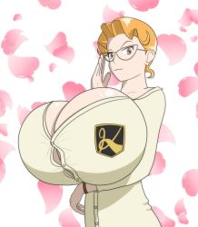Rule 34 | 1girl, :3, artist request, blonde hair, breasts, brown eyes, bursting breasts, female focus, gigantic breasts, glasses, heart, heart background, looking at viewer, mahou tsukai tai!, miyama mizuha, short hair, solo, standing, sweater, white background