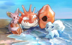 ^_^ alolan_form alolan_vulpix animal_focus artist_name beach blank_eyes blue_eyes blue_sky brown_eyes closed_eyes closed_mouth commentary_request crab creatures_(company) day day_walker1117 english_text eye_contact from_side full_body game_freak gen_1_pokemon gen_5_pokemon gen_7_pokemon happy horizon kingler looking_at_another minccino nintendo no_humans ocean open_mouth outdoors pokemon pokemon_(creature) revision sand signature sitting sky smile standing water