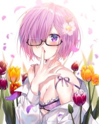 Rule 34 | 1girl, alternate costume, artist name, bad id, bad pixiv id, bare shoulders, blush, breasts, commentary request, fate/grand order, fate (series), finger to mouth, flower, glasses, hair flower, hair ornament, hair over one eye, highres, jacket, large breasts, long sleeves, looking at viewer, mash kyrielight, off-shoulder jacket, off shoulder, open mouth, pink flower, purple eyes, red flower, semi-rimless eyewear, short hair, solo, urim (paintur), white jacket, yellow flower