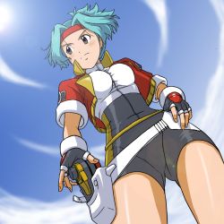 Rule 34 | 00s, 1girl, belt, blue hair, breasts, brown eyes, capture styler, creatures (company), day, fingerless gloves, from below, game freak, gloves, headband, highres, holster, large breasts, nintendo, pokemon, pokemon ranger, pokemon ranger (game), pokemon ranger 1, sky, solana (pokemon), solo, spandex, takaya n, tight clothes, uniform